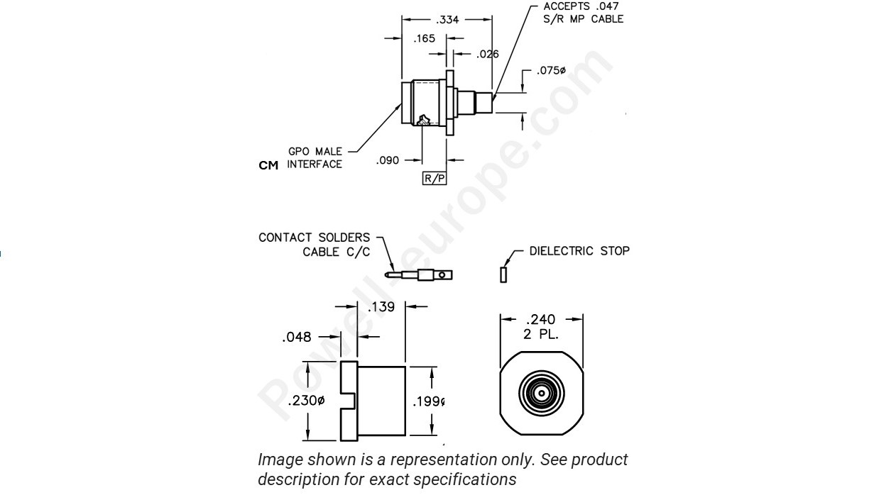 Image showing an extract of the 2D drawing of the Corning Gilbert A016-B86-01